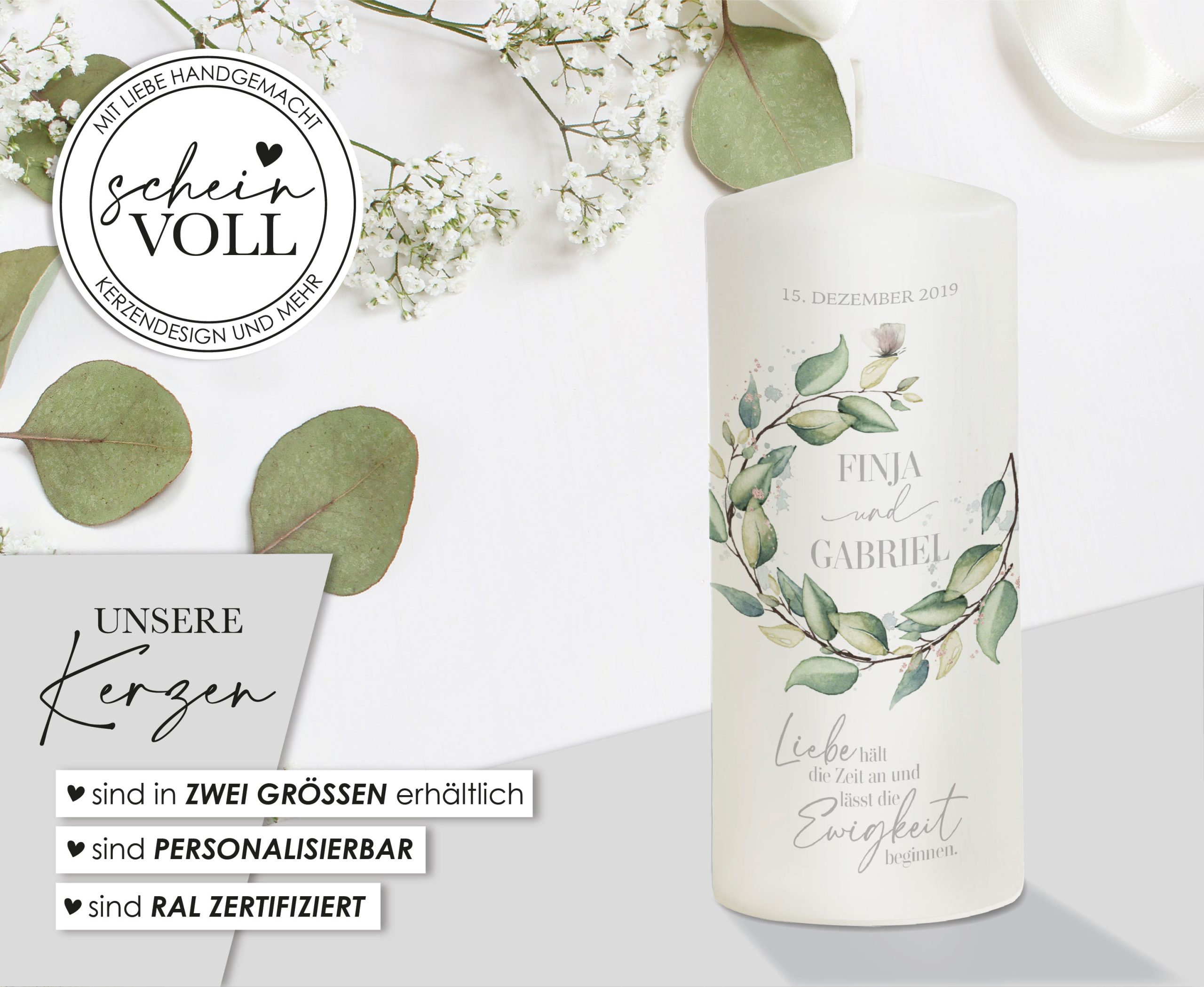 Hochzeitskerze Eukalyptus Greenery „Modell Ewigkeit“ 20cm – Bild 2