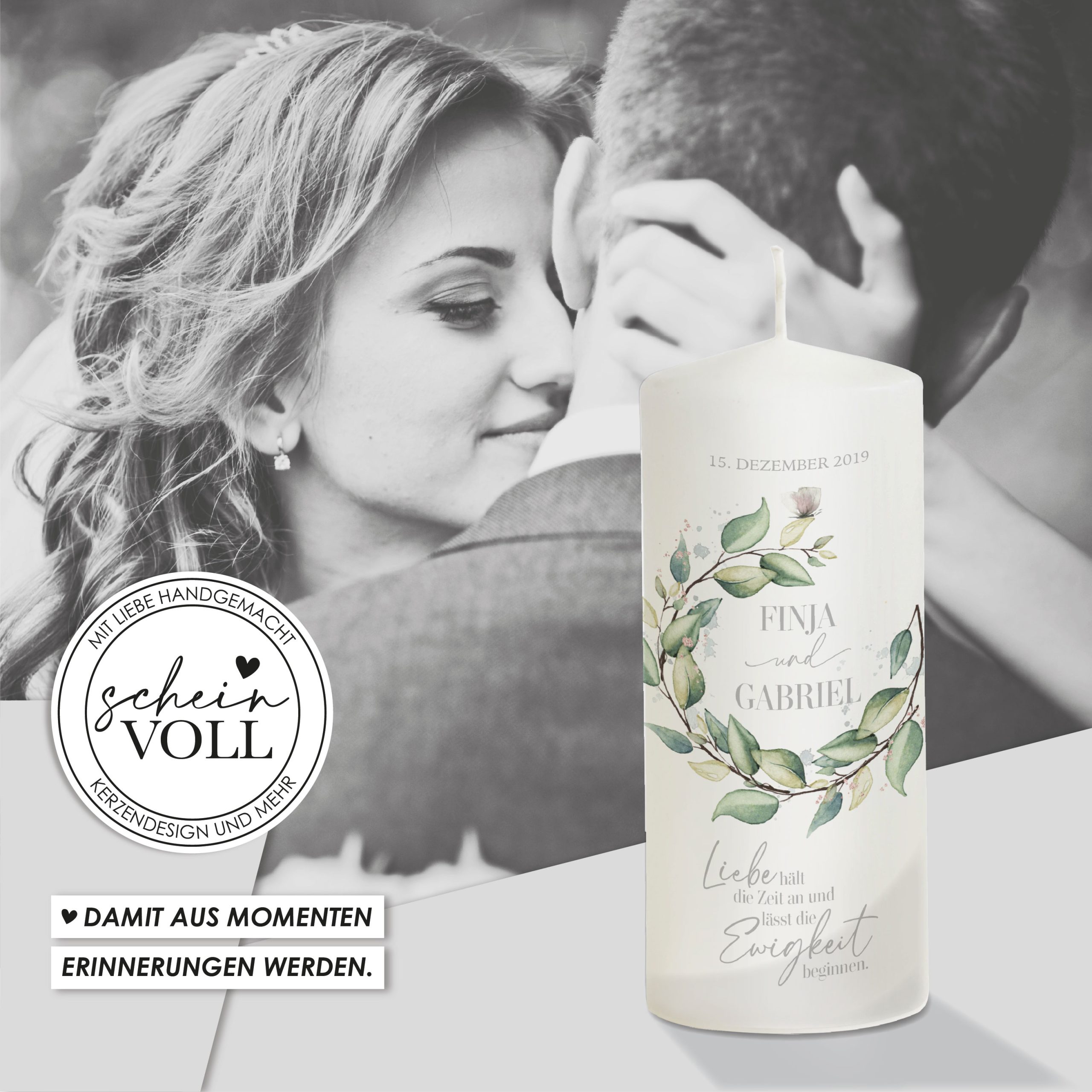 Hochzeitskerze Eukalyptus Greenery „Modell Ewigkeit“ 20cm – Bild 6