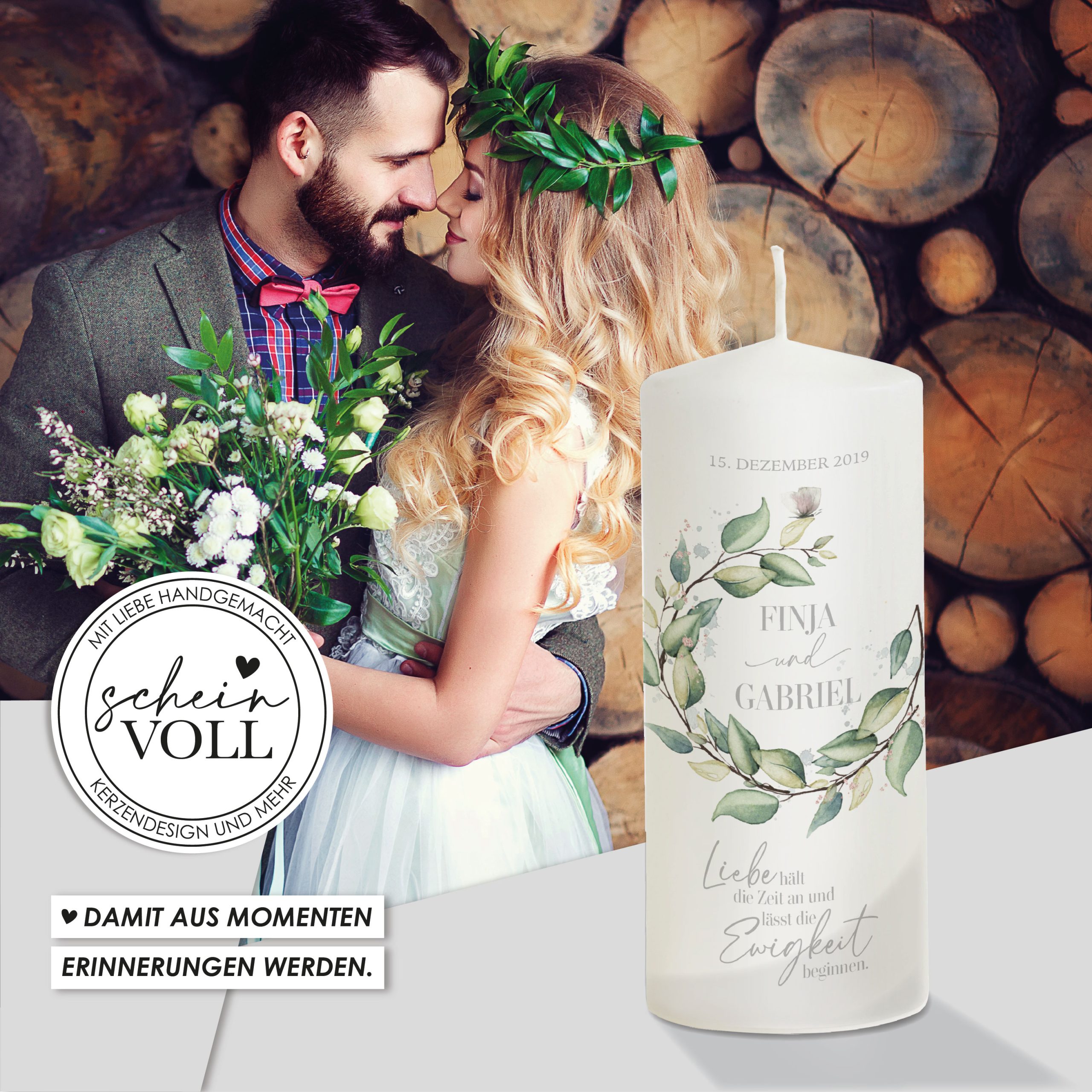 Hochzeitskerze Eukalyptus Greenery „Modell Ewigkeit“ 20cm – Bild 7
