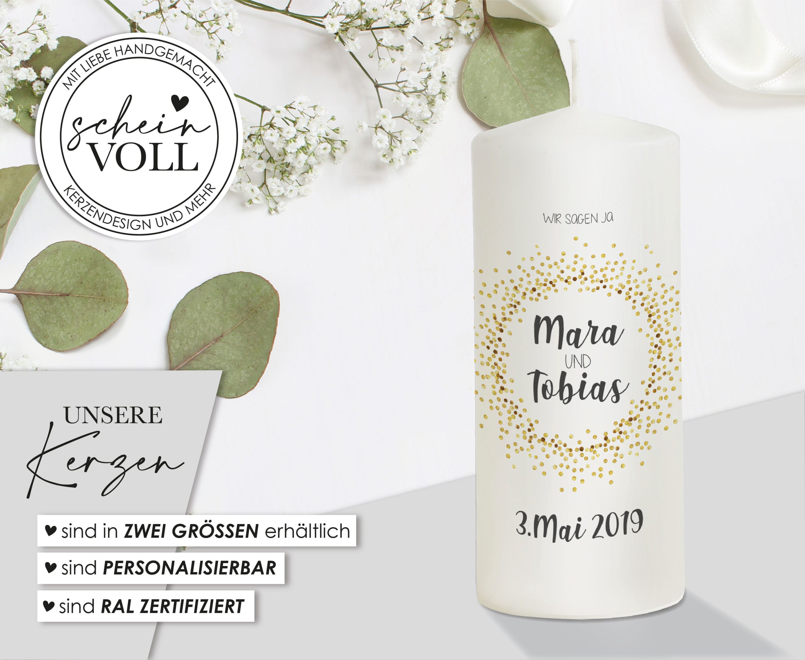 Hochzeitskerze Golden Glitter 20cm – Bild 2