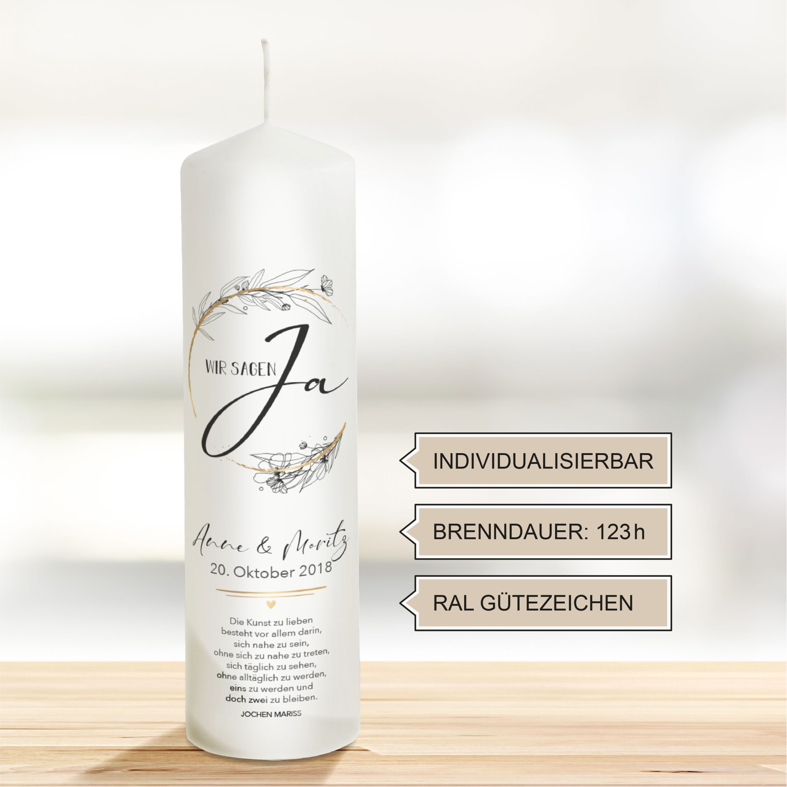Hochzeitskerze Gold -Schwarz "Modell JA" 25cm – Bild 2