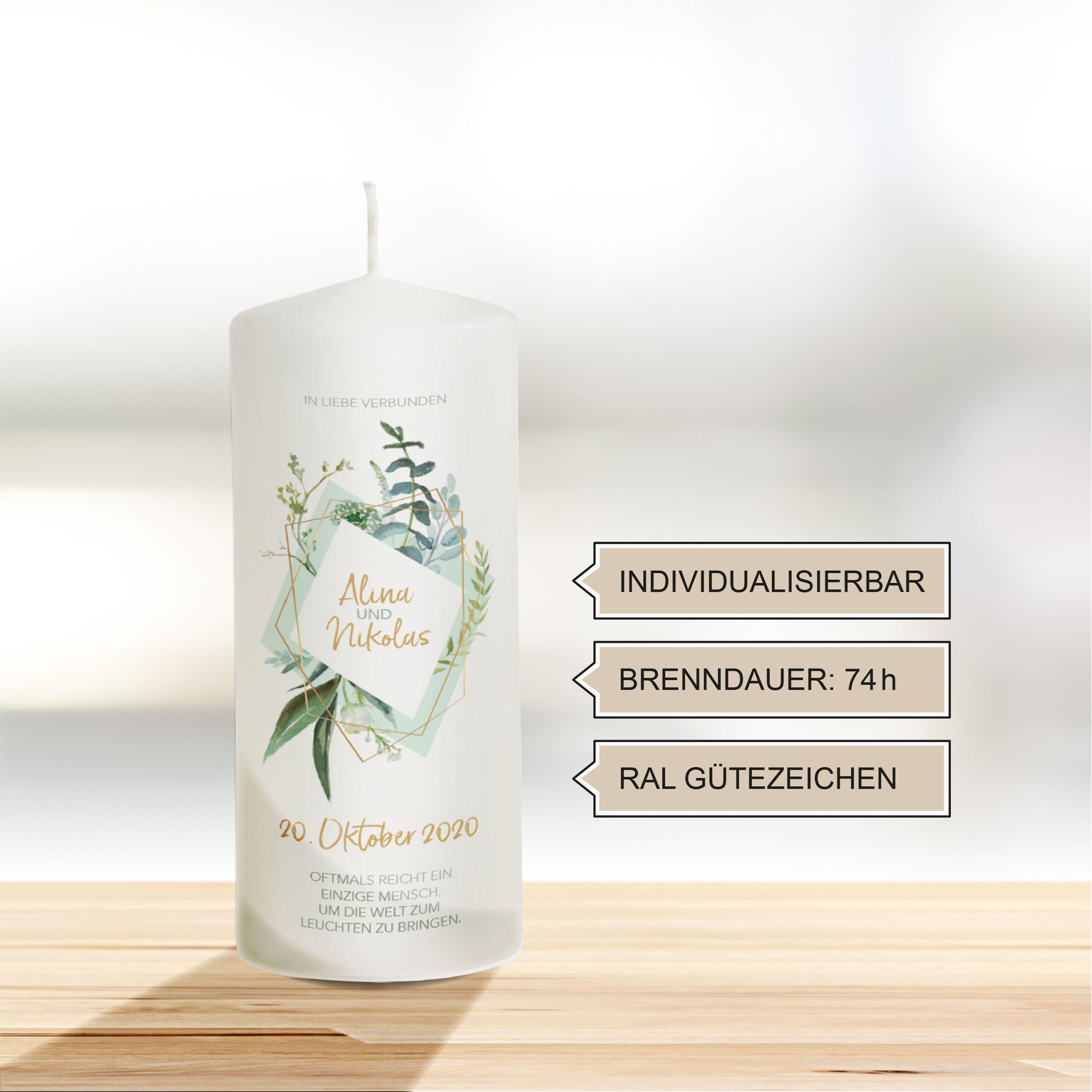 Hochzeitskerze modern grün-Gold „Modell Together“ 20cm – Bild 2