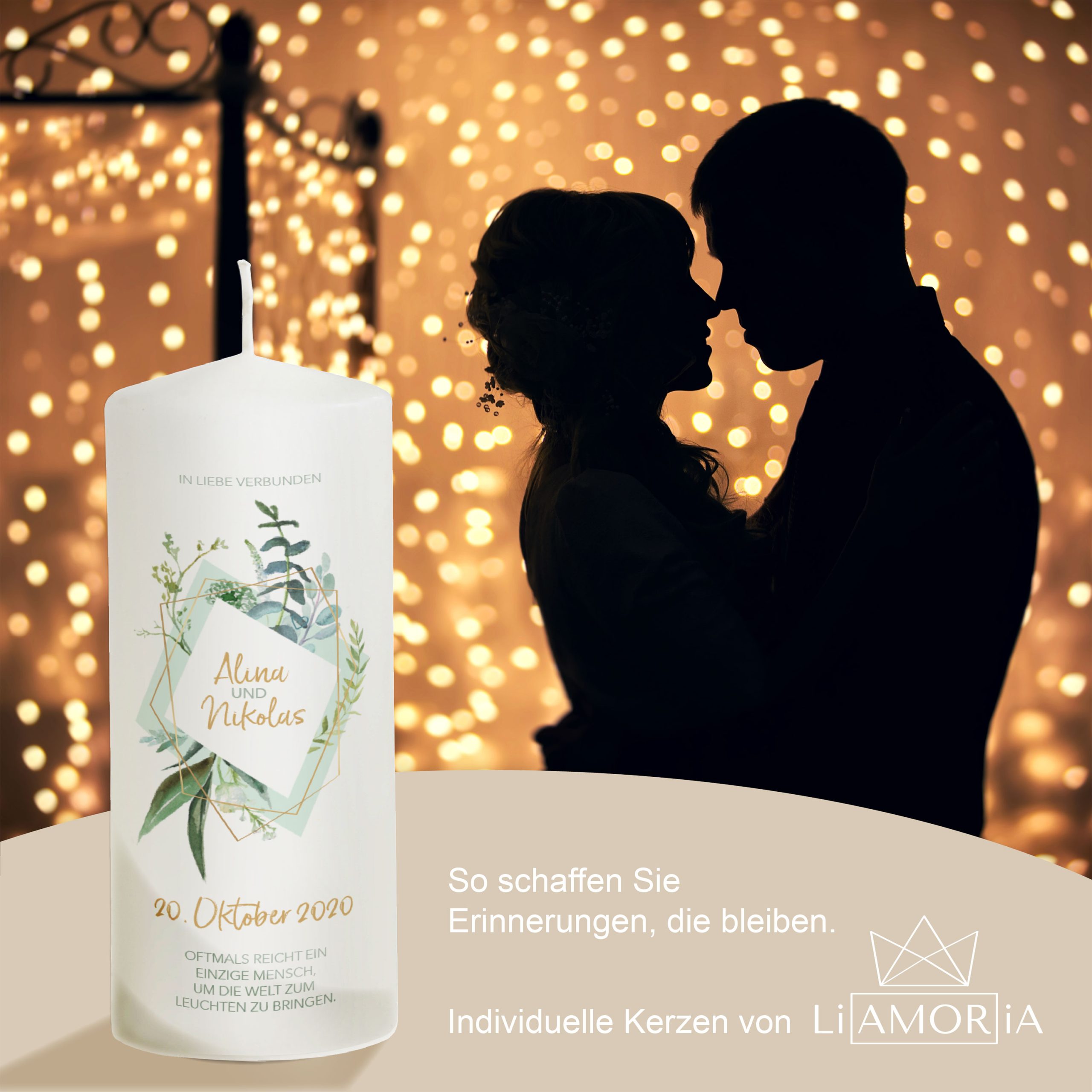 Hochzeitskerze modern grün-Gold „Modell Together“ 20cm – Bild 3