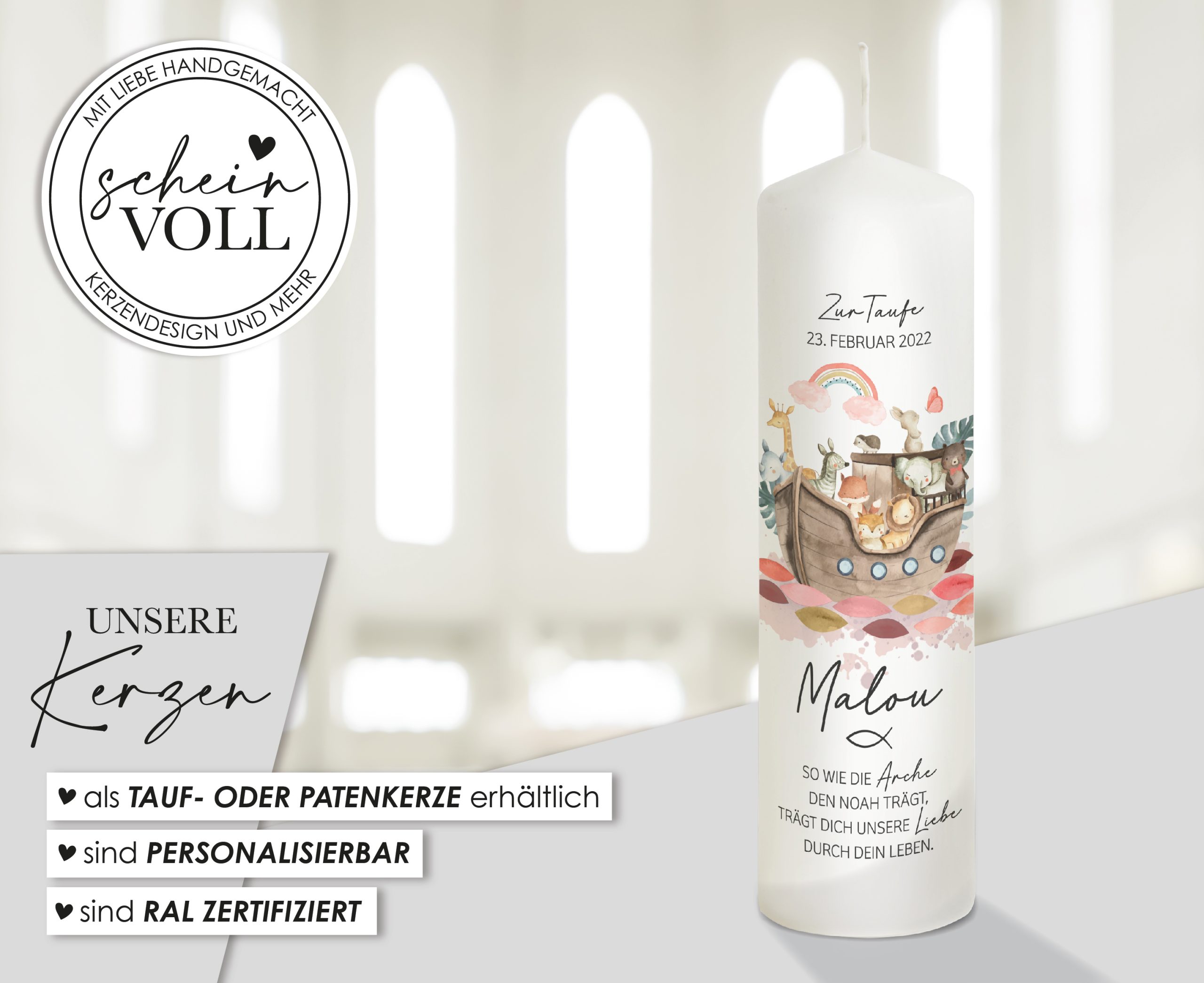 Taufkerze Arche Noah "Modell Malou" für Mädchen – Bild 2