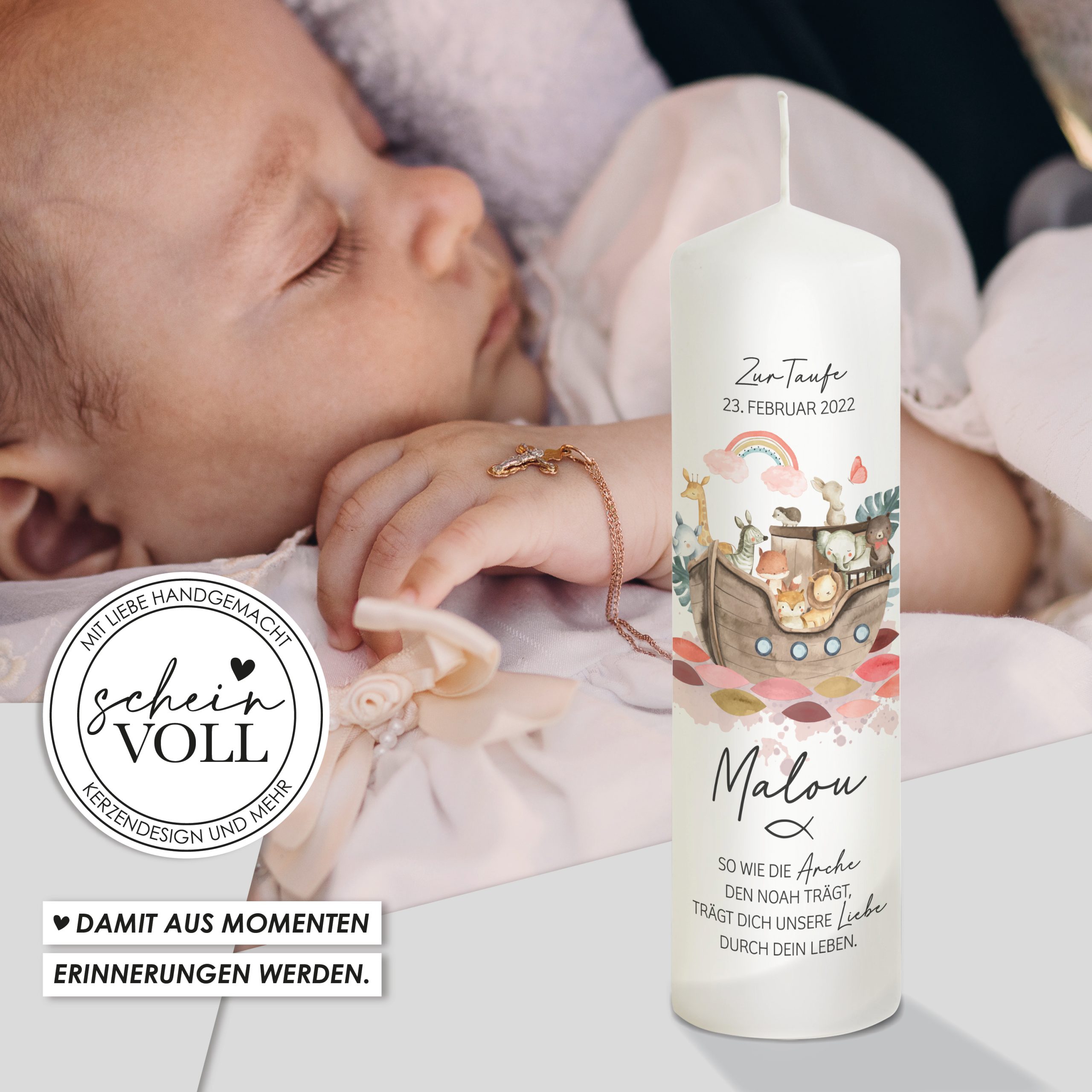 Taufkerze Arche Noah "Modell Malou" für Mädchen – Bild 7