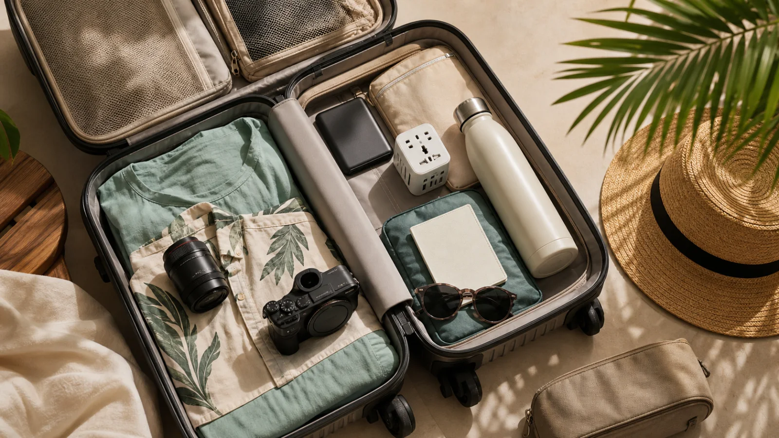 Geöffneter Koffer mit Kamera, Reiseadapter und Reiseutensilien für Thailand