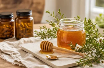 Manuka-Honig mit Honiglöffel und Nahrungsergänzungsmitteln auf einem hellen Holztisch