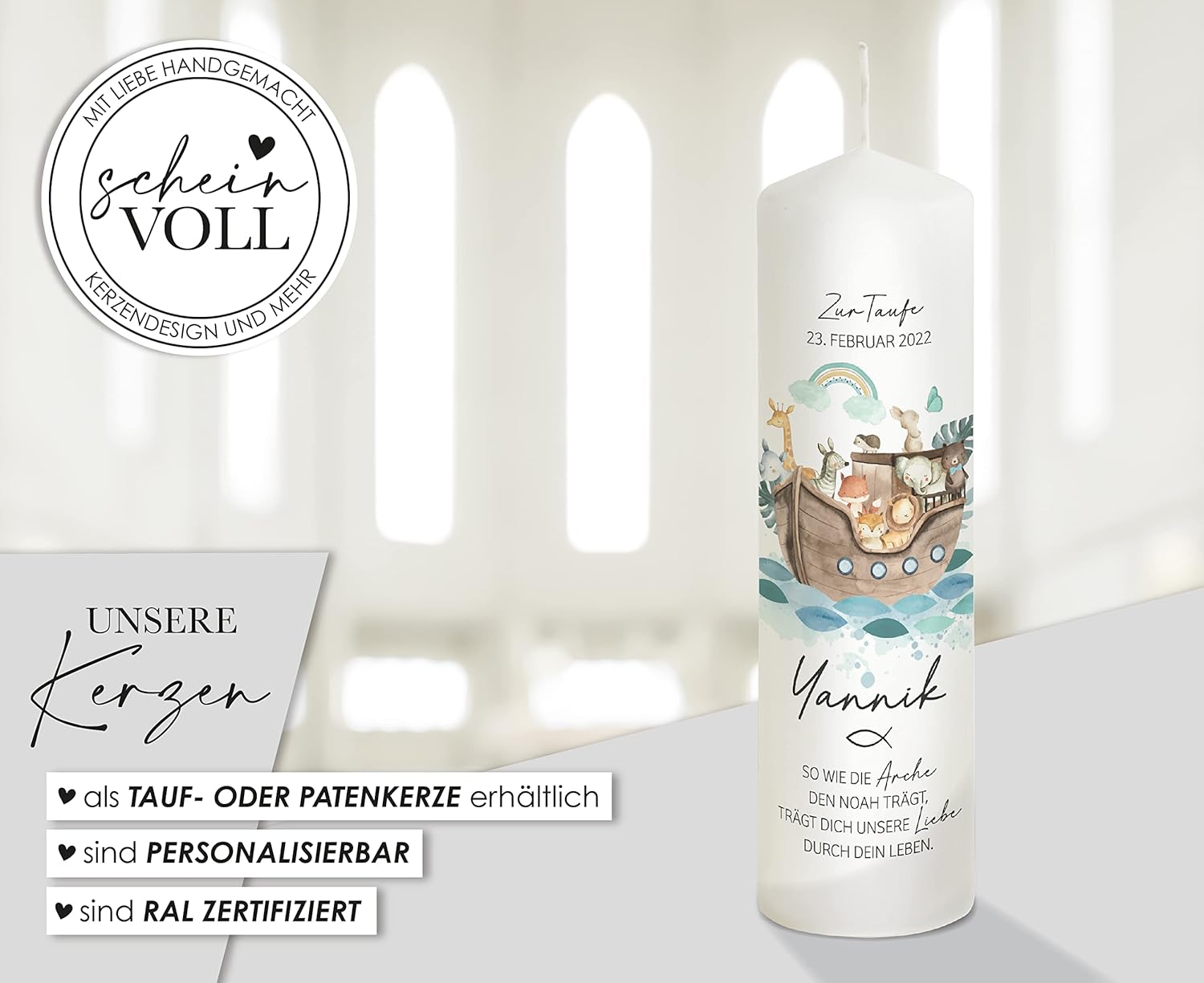 Taufkerze Arche Noah Yannik für Jungen – Bild 2