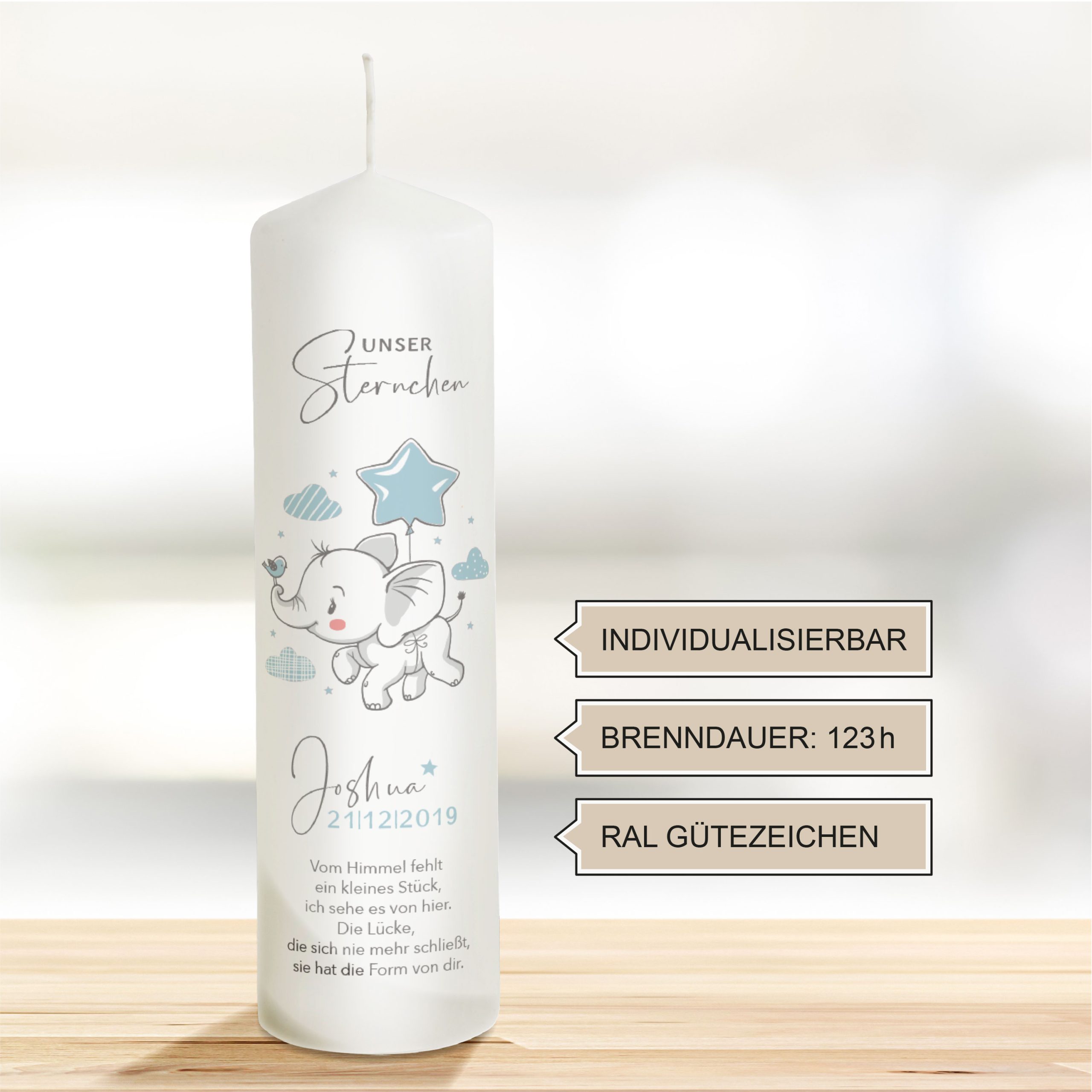 Trauerkerze Sternenkind Elefant Motiv Blau 25cm – Bild 2