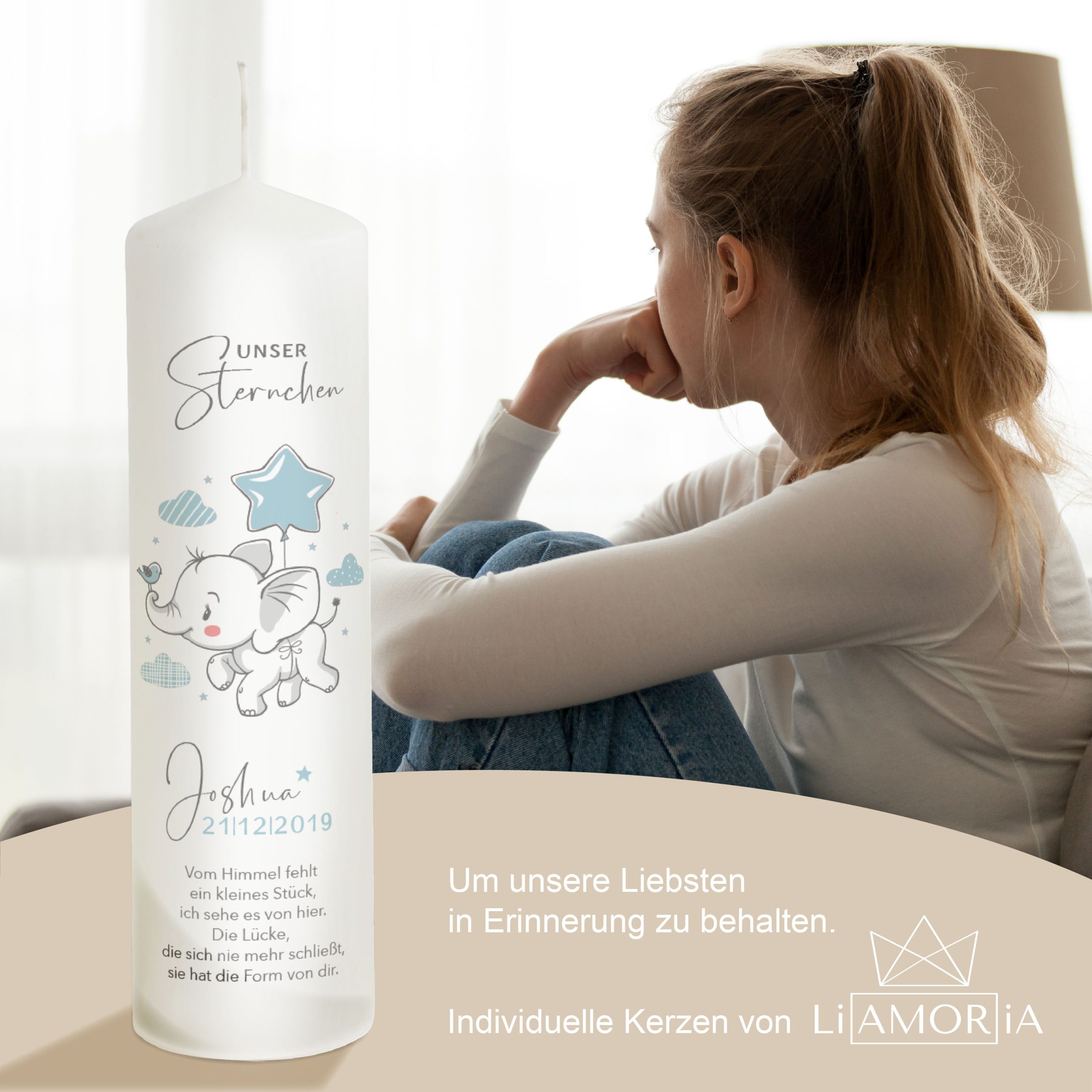 Trauerkerze Sternenkind Elefant Motiv Blau 25cm – Bild 4