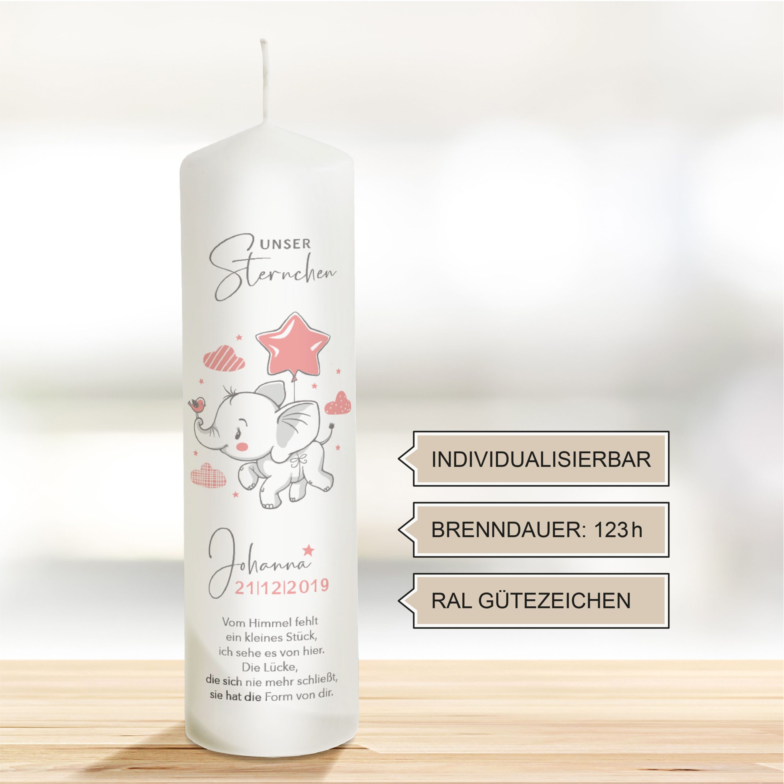 Trauerkerze Sternenkind Elefant Motiv Rosa 25cm – Bild 2