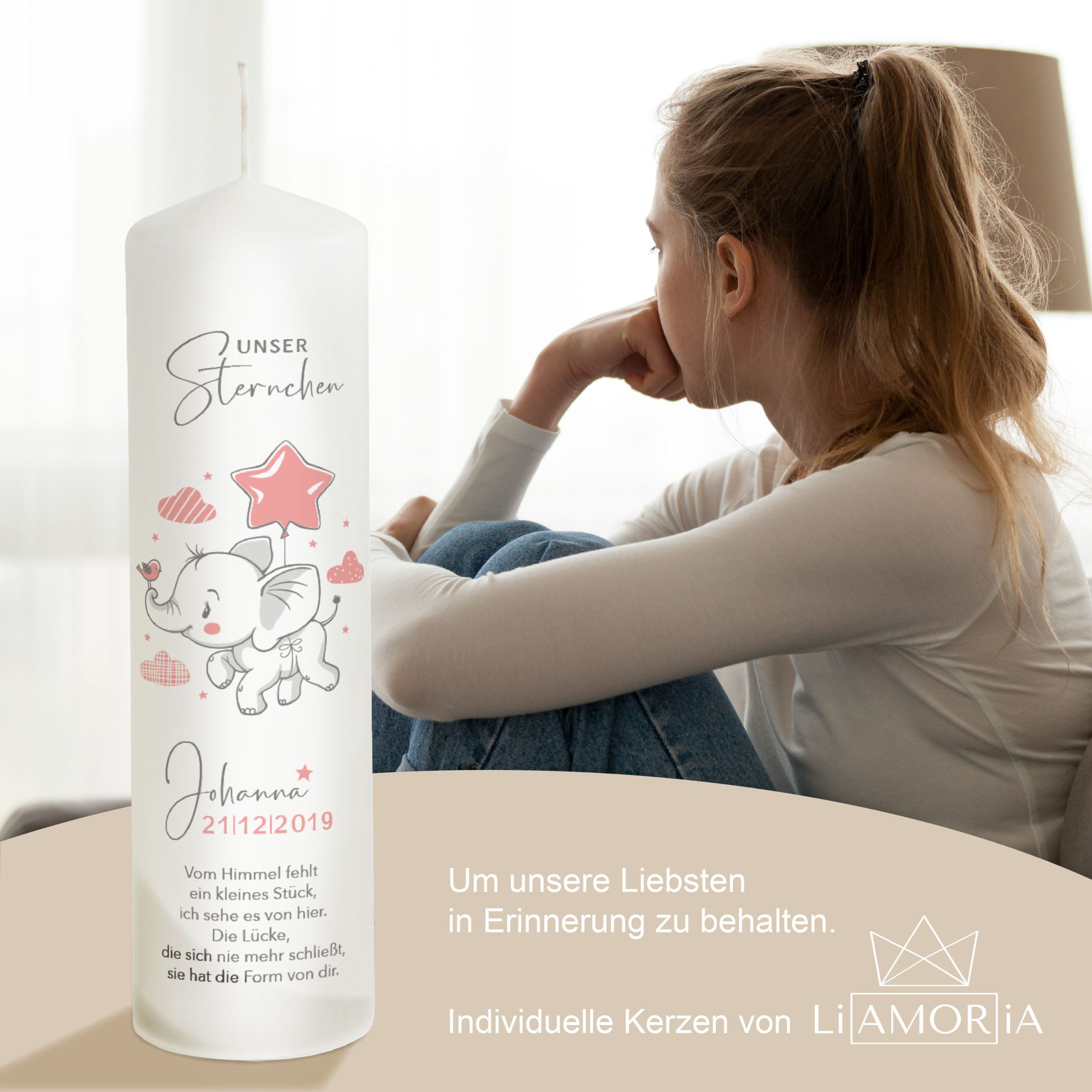 Trauerkerze Sternenkind Elefant Motiv Rosa 25cm – Bild 4
