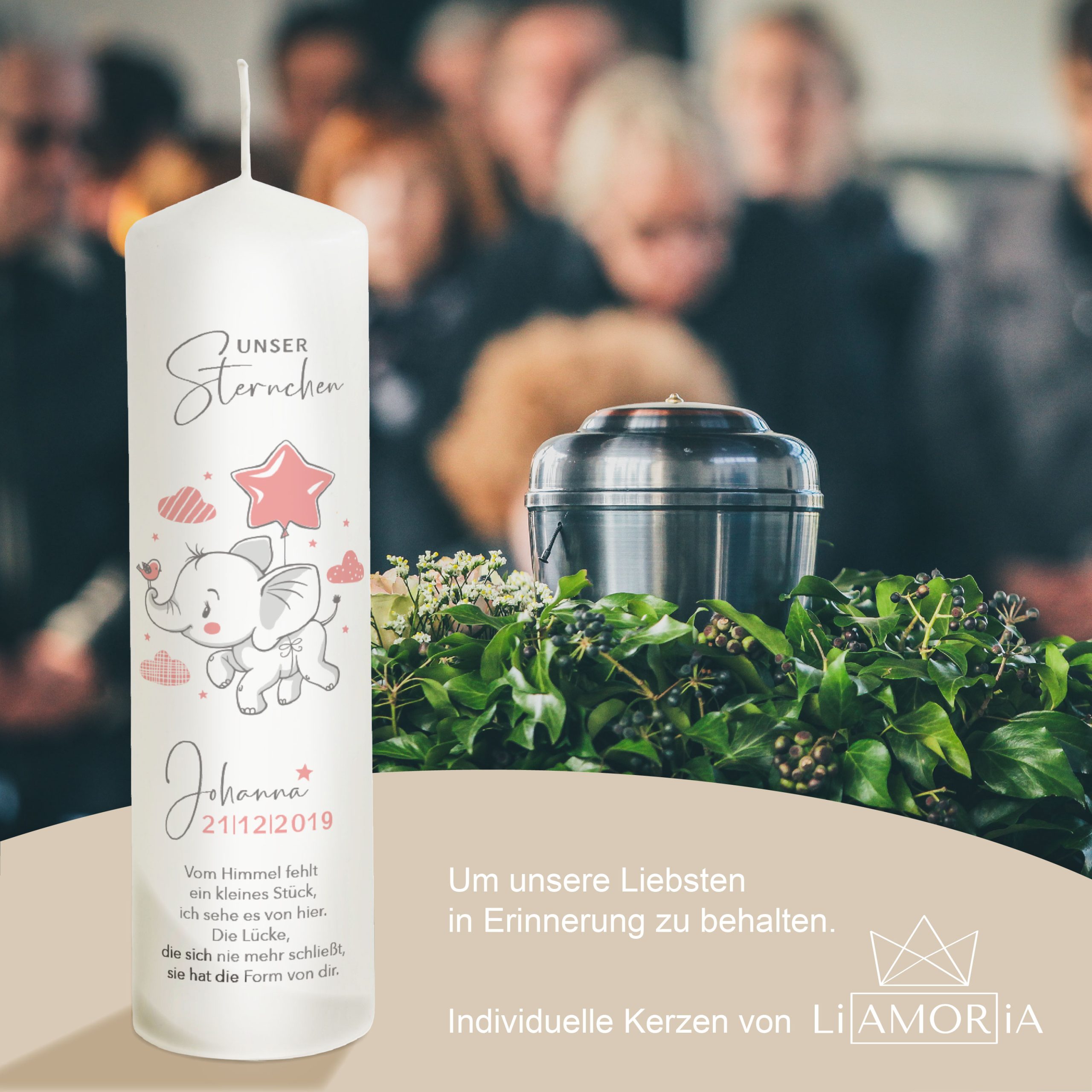 Trauerkerze Sternenkind Elefant Motiv Rosa 25cm – Bild 7